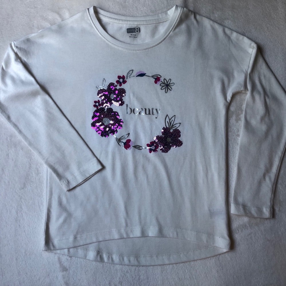 Crazy 8 Long Sleeve White T-Shirt with Sequin Logo